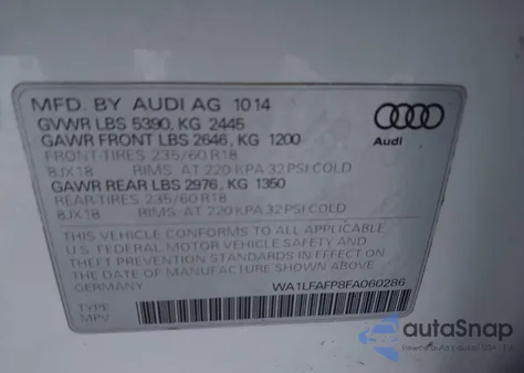 2015 Audi Q5 2.0T Premium from USA, damaged, VIN WA1LFAFP8FA060286